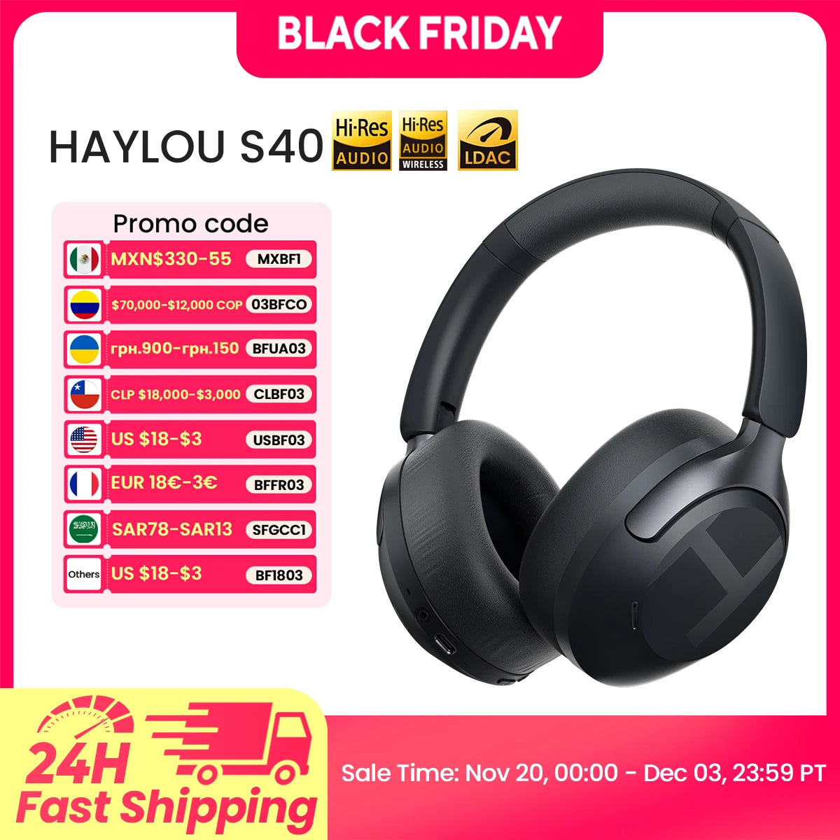 HAYLOU S40 ANC Kabellose Kopfhörer 50dB Geräuschunterdrückung Hi-Res 3D Spatial Audio Kopfhörer mit LDAC Bluetooth 6.0 Over-Ear Headset