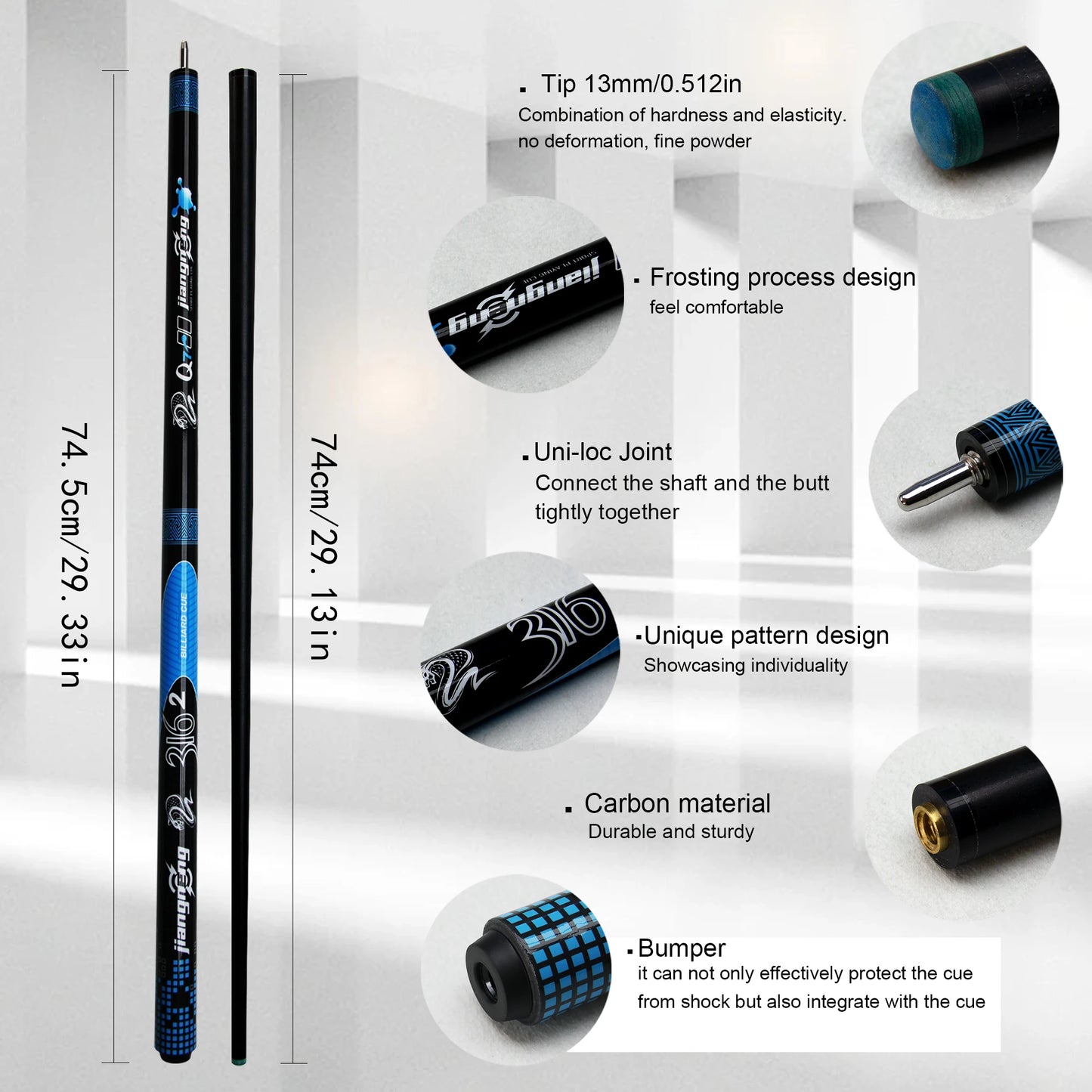 High-Tech Kohlefaser Stoßfester Billard Queue mit 13mm elastischer Spitze, langlebig und verformungsbeständig