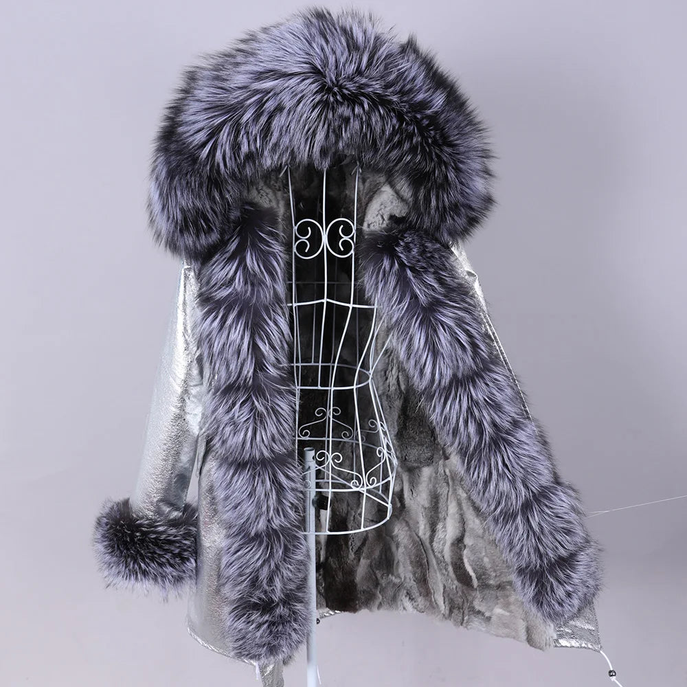 MAOMAOKONG 2023 Abnehmbarer Echtfuchs Pelzkragen Mäntel Damen Winterjacke Kapuze Kaninchenfellfutter Lange Parkas Damenbekleidung