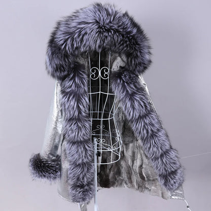 MAOMAOKONG 2023 Abnehmbarer Echtfuchs Pelzkragen Mäntel Damen Winterjacke Kapuze Kaninchenfellfutter Lange Parkas Damenbekleidung