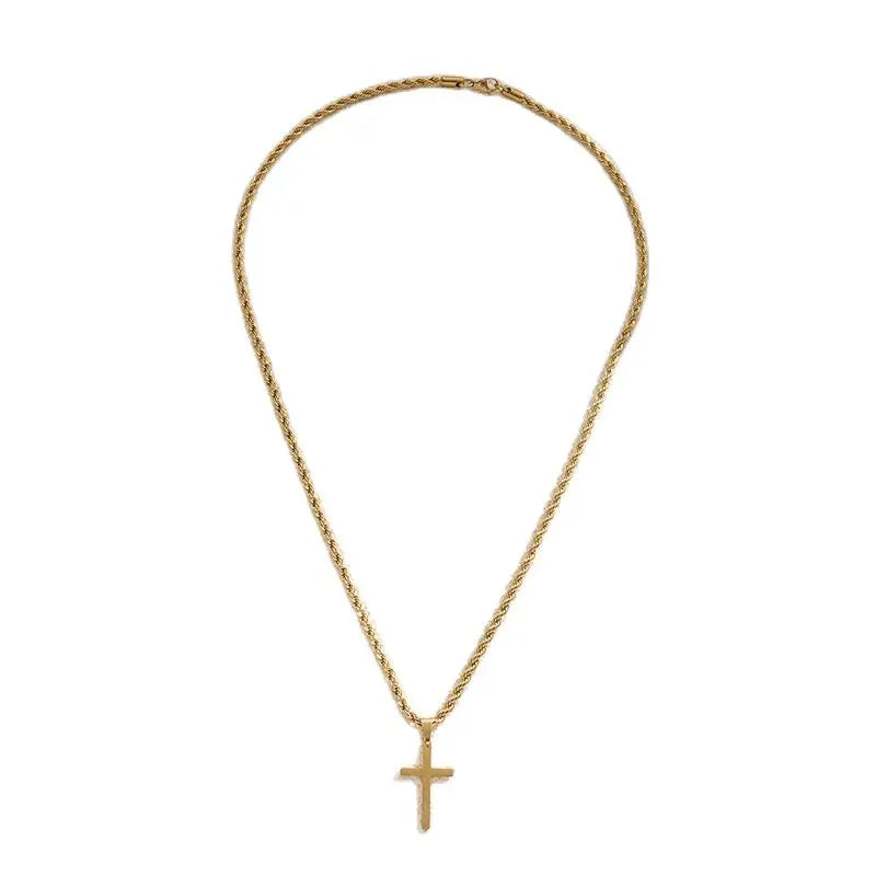 Gold necklace with a cross pendant on a white background