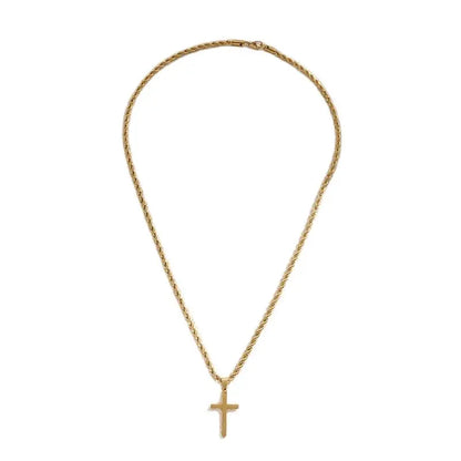 Gold necklace with a cross pendant on a white background