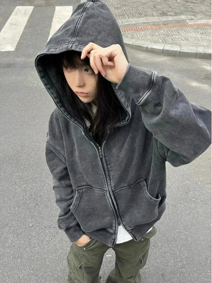 Subculture Gothic Women Coats with Hoodies Vintage Black Jackets Faux Fur Coat Female Loose Casual Sweatshirt
