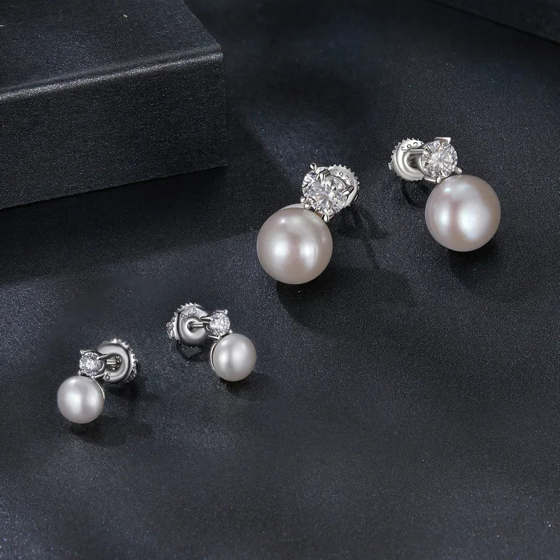 Bamoer U 0.1CT Mini Moissanite Pearl Stud Earrings Natural Freshwater Drop Earrings Lab Diamond 925 Sterling Silver Jewelry Gift