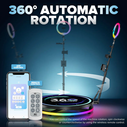 360° Fotoautomaten-Maschine Selfie-Stand Kostenlos anpassbares Logo mit RGB-Licht App-Fernbedienung für Partys und Events mit Koffer