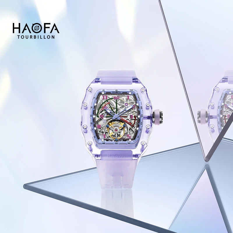 Haofa Tourbillon Crystal Transparent Hollowing Waterproof Luminous Automatic Mechanical Watches