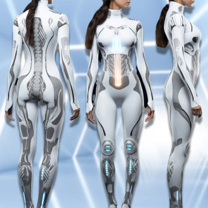 Mechanical Robot Print Cosplay Costume Women Sexy Onesie Futuristic Slim Jumpsuit Halloween Elastic Bodysuit Front Zipper Romper