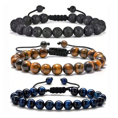 3-fach gewickeltes 8mm Natur Tigerauge Lava-Stein Schutz-Armband HANDGEMACHT Herren Geschenk