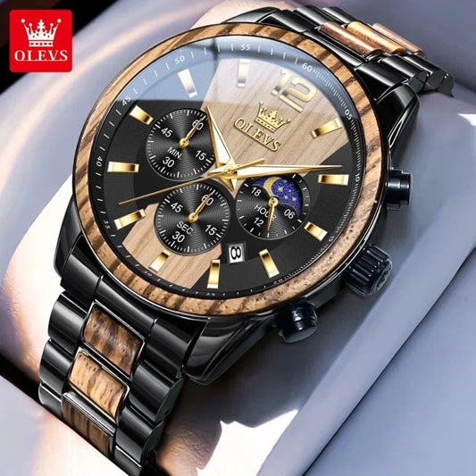 Luxury watch with wooden and metal strap, brand 'OLEVS' visible