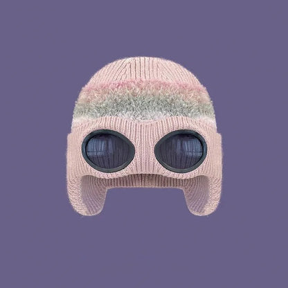 Pilot Goggles with Fleece Knit Hat for Autumn and Winter Cold Weather Protection, Warm Woolen Hat for Men and Women, Versatile T