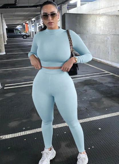 Two Piece Sets Women Solid Autumn Tracksuits High Waist Stretchy Sportswear Hot Crop Tops And Leggings Matching Outfits
