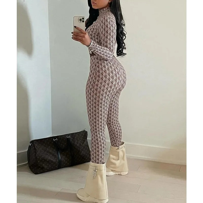 Krisnanas Argyle Skinny Jumpsuits for Woman 2025 Stand Neck Long Sleeve Zipper One Piece Bodysuit Fitness Sportwear 154004