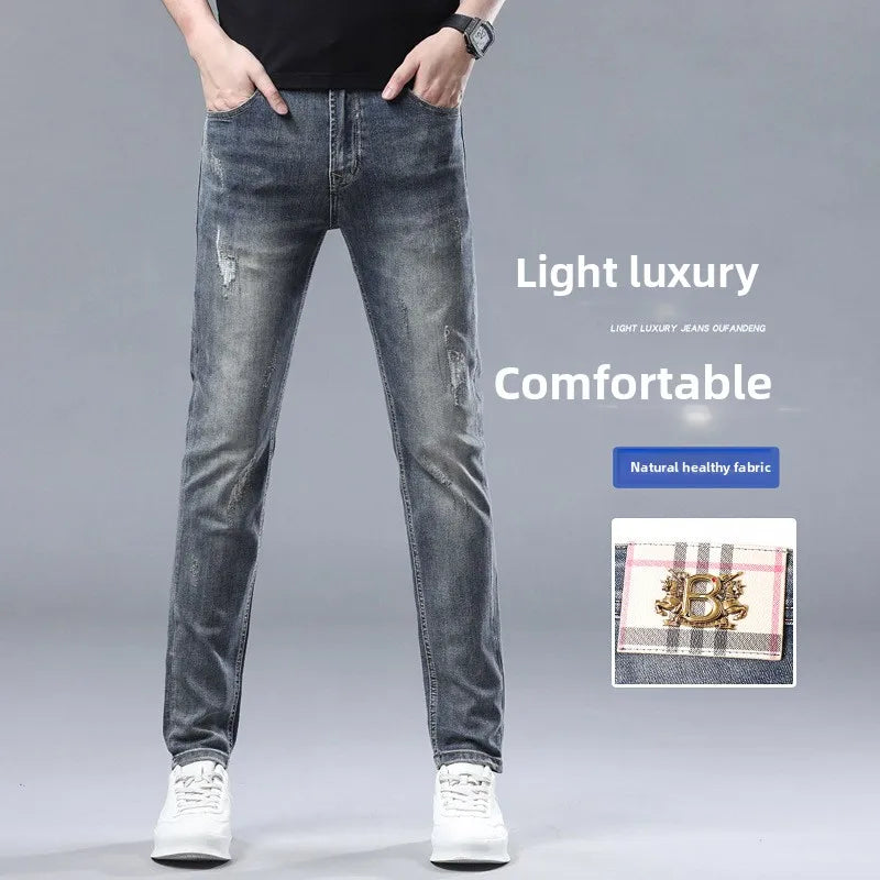 Slim Fit Freizeithose Herren Leichte Sommer Mode Elastische Freizeithose Straight Leg Baumwoll-Denim Mittlere Taille Reißverschluss