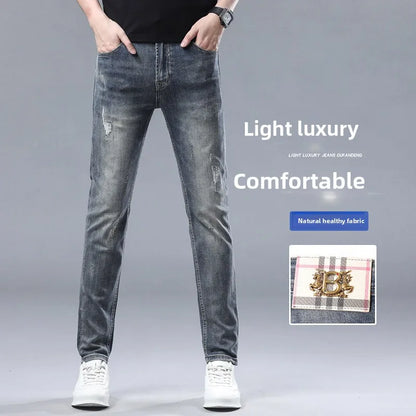 Slim Fit Freizeithose Herren Leichte Sommer Mode Elastische Freizeithose Straight Leg Baumwoll-Denim Mittlere Taille Reißverschluss