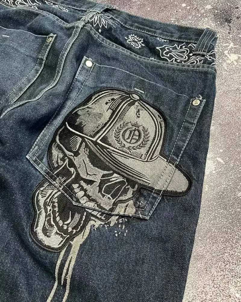 Street Fashion Trend Totenkopf bestickte Jeans Damen Harajuku Y2K Neue Hip Hop Joker Straight Wide-Leg Hosen Paar Freizeitjeans