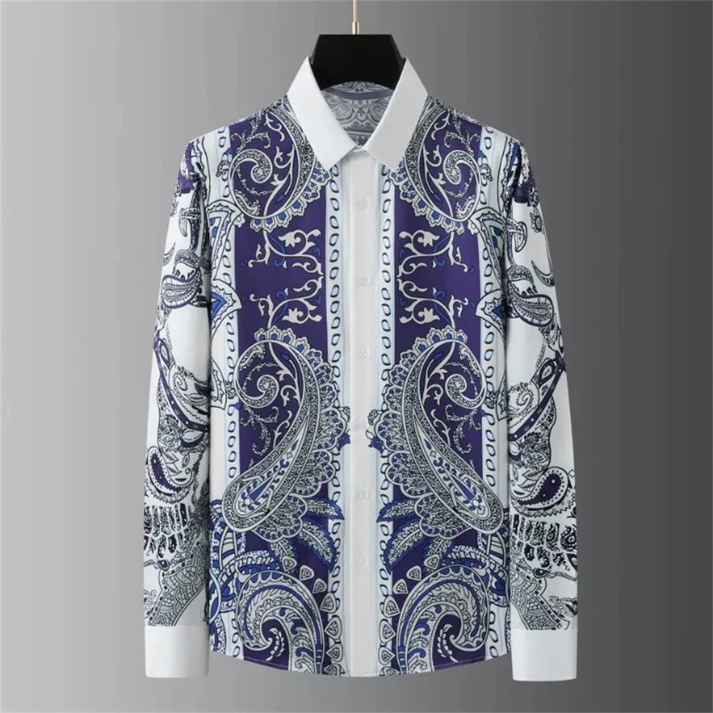 Luxury men's long-sleeved shirt printed shirt fashionable casual popular mid-century retro plus size men's clothing XS-6XL