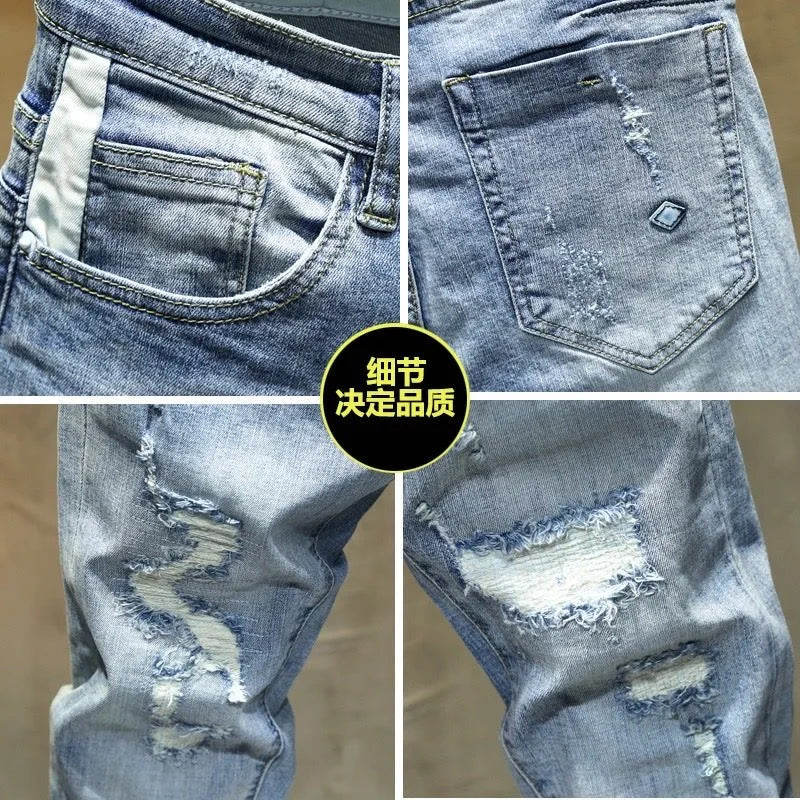Solid Color Perforated Straight Leg Elastic Jeans Men's Casual High-Quality Jeans