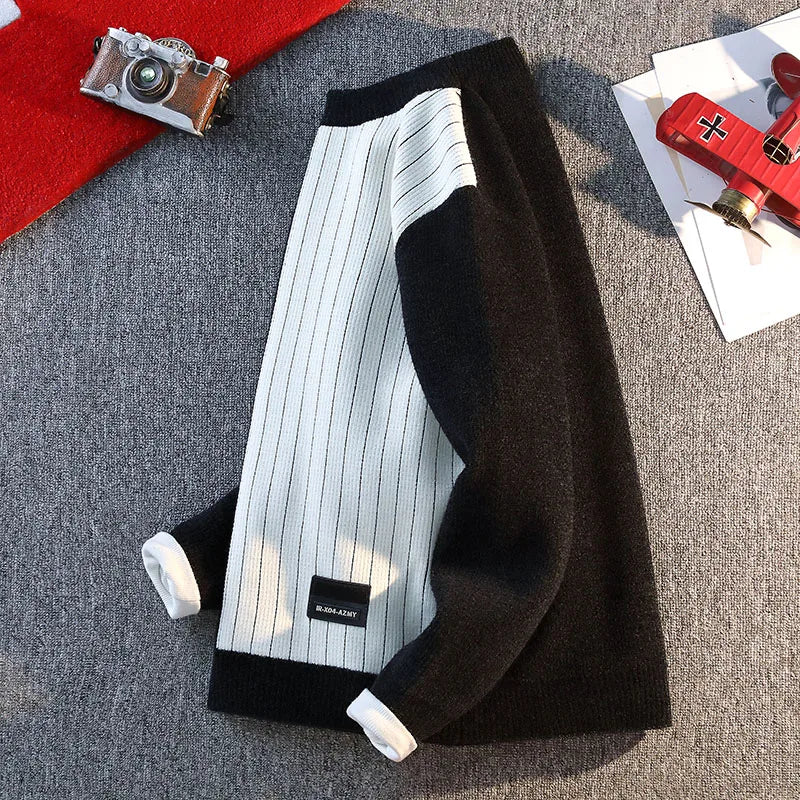 Color Blocked Warm Fashion O-neck Sweater 2025 Autumn/Winter Warm Knitted Sweater Men's Pullover Home Clothes