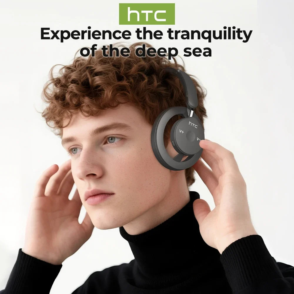 Person wearing HTC headphones with text 'Experience the tranquility of the deep sea' on a white background