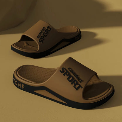 Brown slides with 'Carven Sport' branding on a beige background