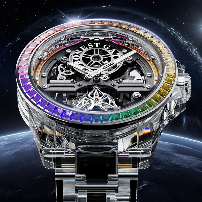 Bonest Gatti Skeleton Automatic Mechanical K9 Crystal Glass Case Rainbow Gemstone Bezel Transparent