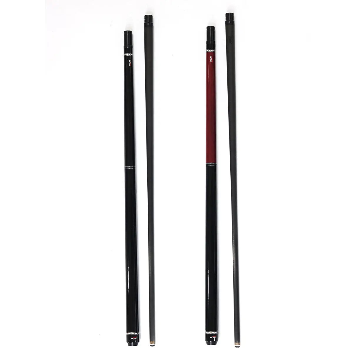 Four pool cues of different lengths on a white background