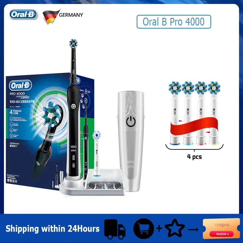 Oral B Elektrische Zahnbürste Pro 4000 3D-Reinigung Tägliche Reinigung Zähne Sichtbarer Andrucksensor 4 Modi Zahnfleischpflege Wasserdicht Wiederaufladbar