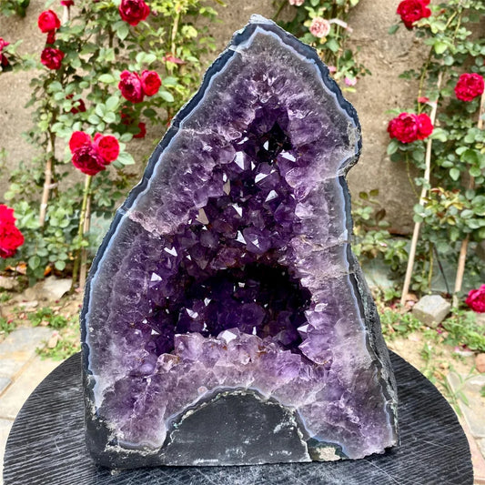 A large natural amethyst geode specimen with deep purple crystal clusters and a dark gray outer border, displayed on a round black surface with a garden background featuring red roses.