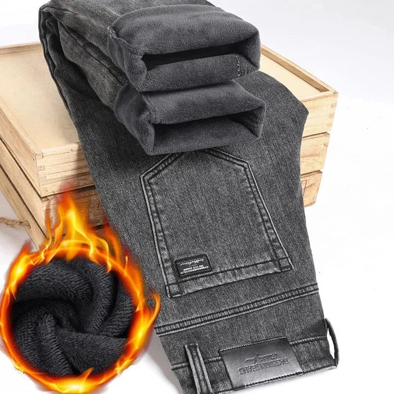 2025 New Winter Men Black Straight Stretch Denim Thick Velvet Pants Warm Jeans Casual Fleece Line Trousers Male Plus Size