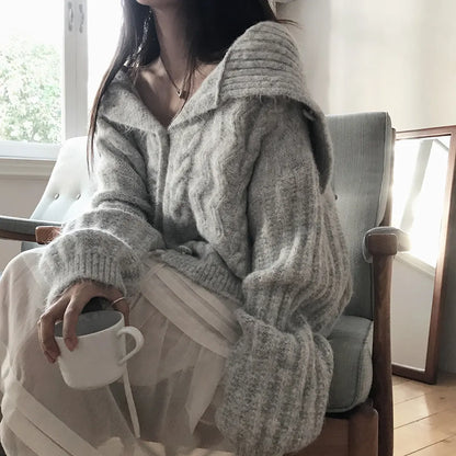 Women's Chic Autumn Winter Knitted Sweater Thi Needle Long Sve Navy Collar Lazy Knit Open Cardigan Soft Cozy Top