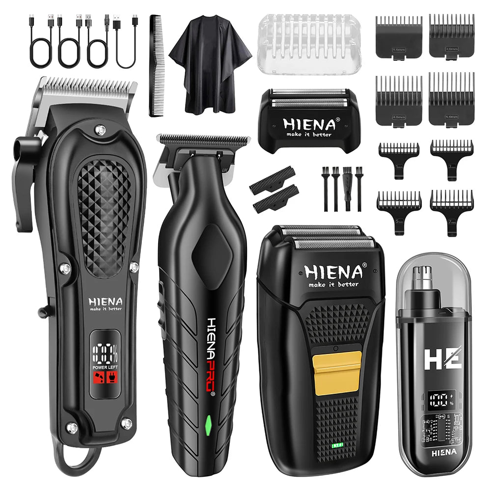 Collection of Hiena grooming tools including hair trimmers and shavers on a white background.