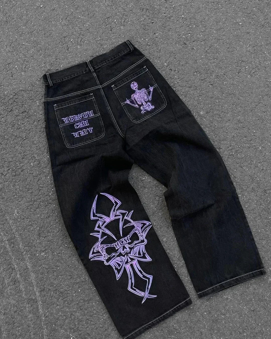 Street Fashion Trend Totenkopf bestickte Jeans Damen Harajuku Y2K Neue Hip Hop Joker Straight Wide-Leg Hosen Paar Freizeitjeans