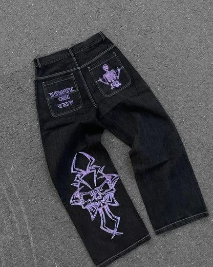 Street Fashion Trend Totenkopf bestickte Jeans Damen Harajuku Y2K Neue Hip Hop Joker Straight Wide-Leg Hosen Paar Freizeitjeans