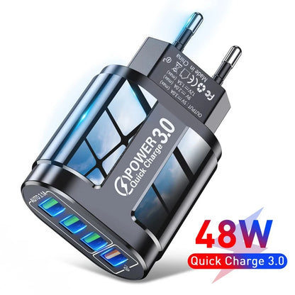 Power adapter with Quick Charge 3.0 and 48W rating on a white background