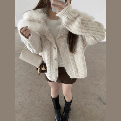 Women's Knit Cardigan With Faux Fur Collar Fashion Long Sleeve Single Breasted Sweater Coat Lady 2026 Spring Chic Streetwear