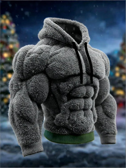 Men's Casual Sports Hoodie Fleece Lined Chest Muscle Print Long Sleeve Loose Fit Polyester Fiber Digital Print Hooded Sweatshirt
