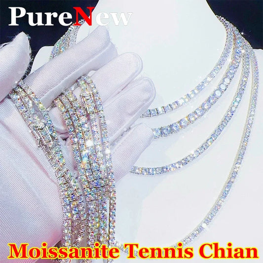 Moissanite tennis chain on a mannequin with 'PureNew' branding.