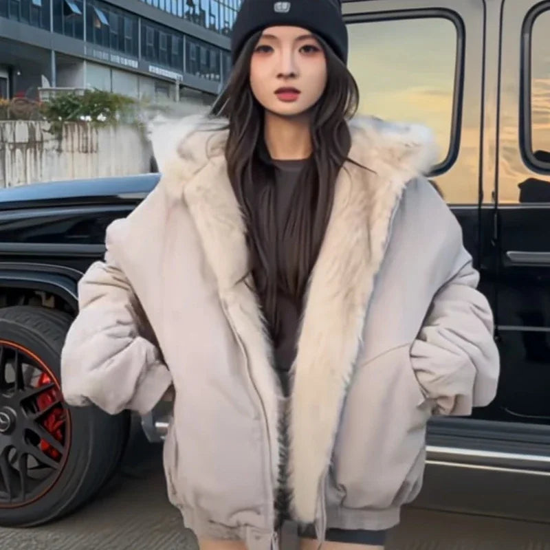2025 Winterjacke für Damen, verdickter Pelzkragen, warm, Reißverschluss, Kapuzenpullover, für Paare, modisch, modisch, lässig, locker, Oberteil