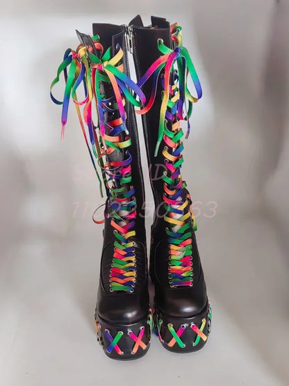 Leather Lace-Up Knee High Boots