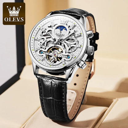OLEVs Lederarmband Herrenuhren Mondphase Wasserdicht Volle Hohl Mechanische Automatikuhr für Herren