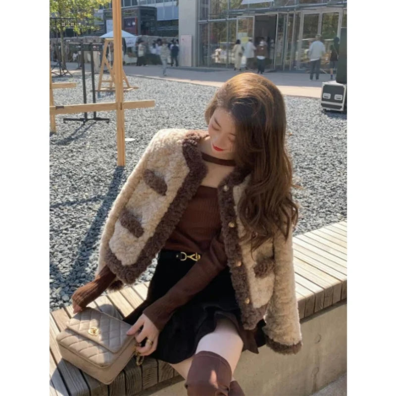 Warm ort Lamb Fur Jaet Women's Autumn Winter Thiened Korean Loose Sle Top Button Design Commute Sle Ladies Coat