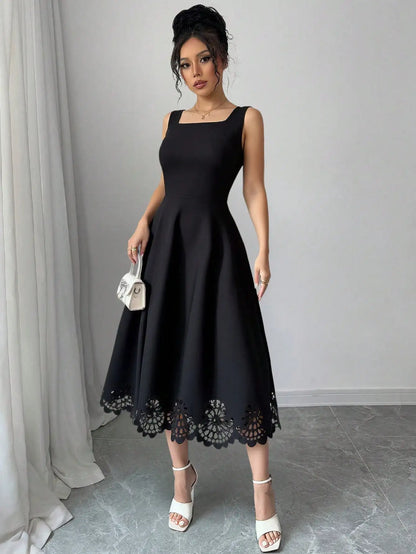Women's Sleeveless Laser Cut Lace Hem Casual Dress