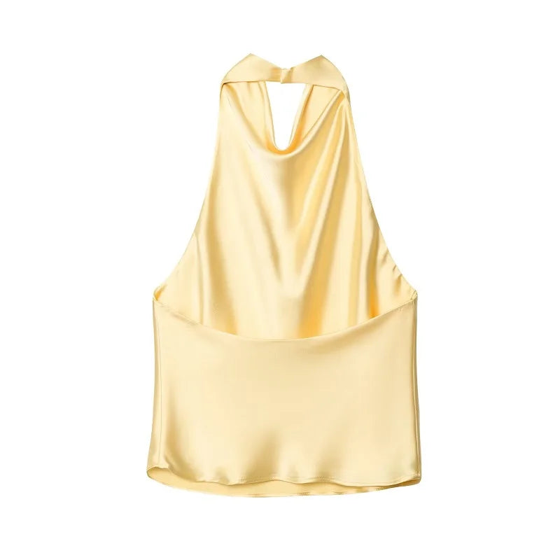 DAMEN 2025 Neckholder-Tops für Frauen Schwarzes Satin-Rückenfreies Top Damen Rosa Sommer Strandtop Damen schulterfreies Camisole-Top Frauen