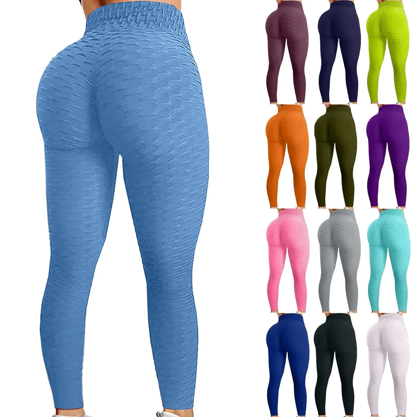 Blue leggings with a row of other colored leggings displayed above on a white background