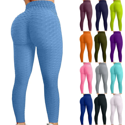 Blue leggings with a row of other colored leggings displayed above on a white background