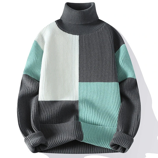 Men's Turtleneck Patchwork Knit Pullover Sweater
