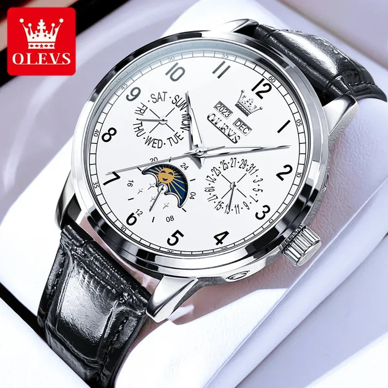 OLEVS watch with black leather strap and detailed face on a white background