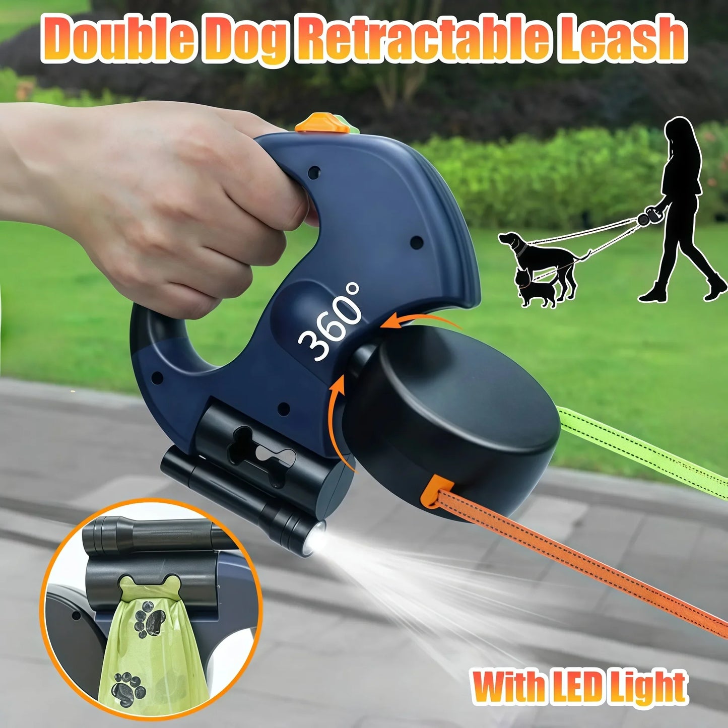 Premium 3M einziehbare Doppelhundleine für kleine Hunde, reflektierend, 360° drehbar, verwicklungsfrei, Spazierleine für Haustiere mit LED-Leuchten