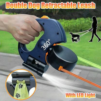 Premium 3M einziehbare Doppelhundleine für kleine Hunde, reflektierend, 360° drehbar, verwicklungsfrei, Spazierleine für Haustiere mit LED-Leuchten