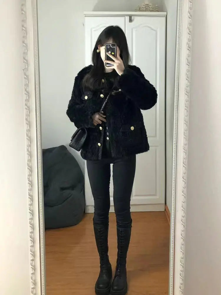 Bla Lamb Fur Jaet Women's Loose Casual ort Sle Autumn Winter New Arrival Faion Small Size Warm round Ne Coat
